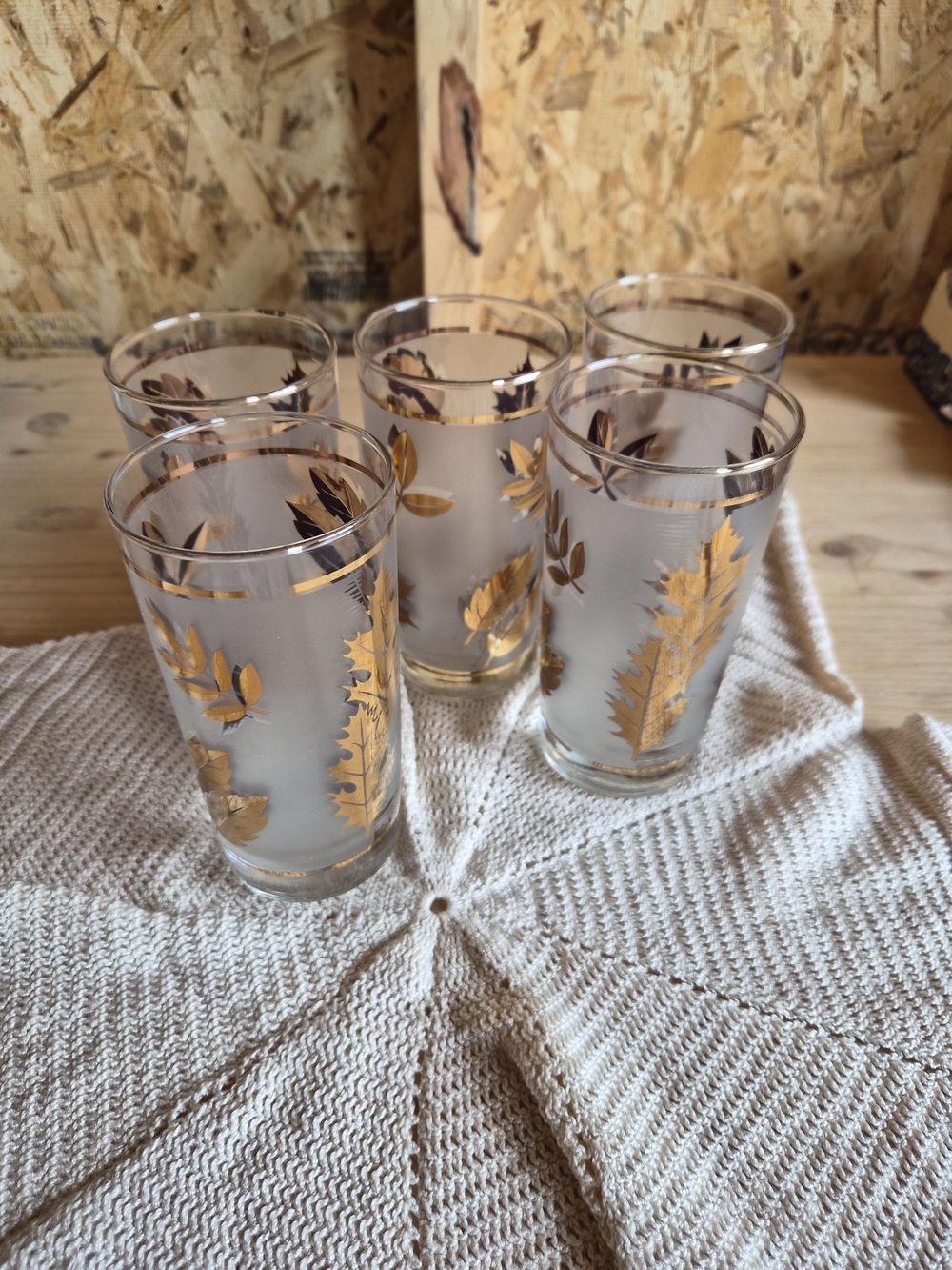 1960's Frosted & Gold Oak Leaf  Libbey  Tumbler MCM HI Ball Set of 5